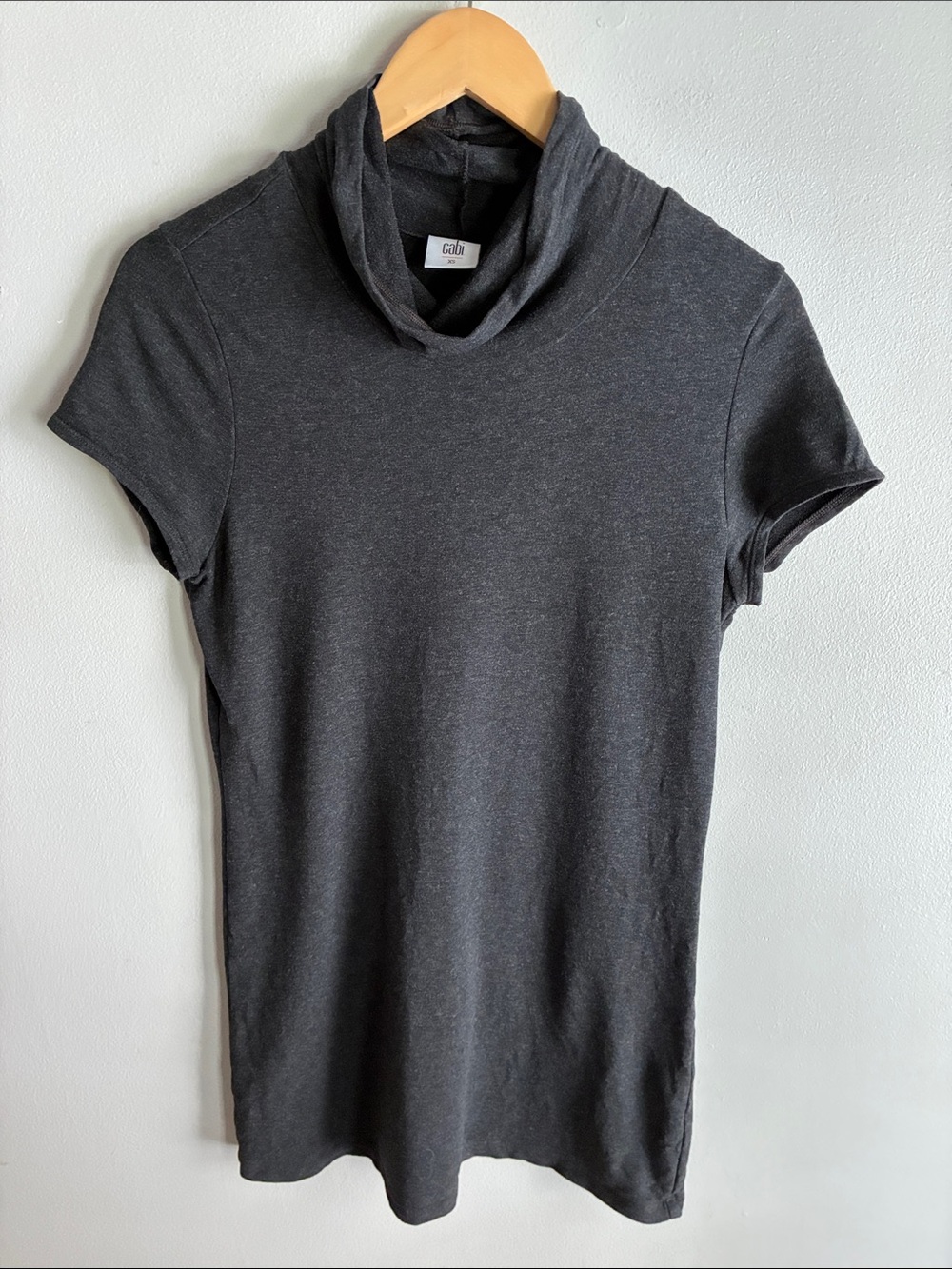 Cabi XS Charcoal Gray Cowl Neck Short Sleeve Knit Top Soft Stretch Modal